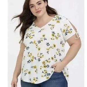 Torrid Tie-Sleeve Crepe Blouse with Yellow Flowers